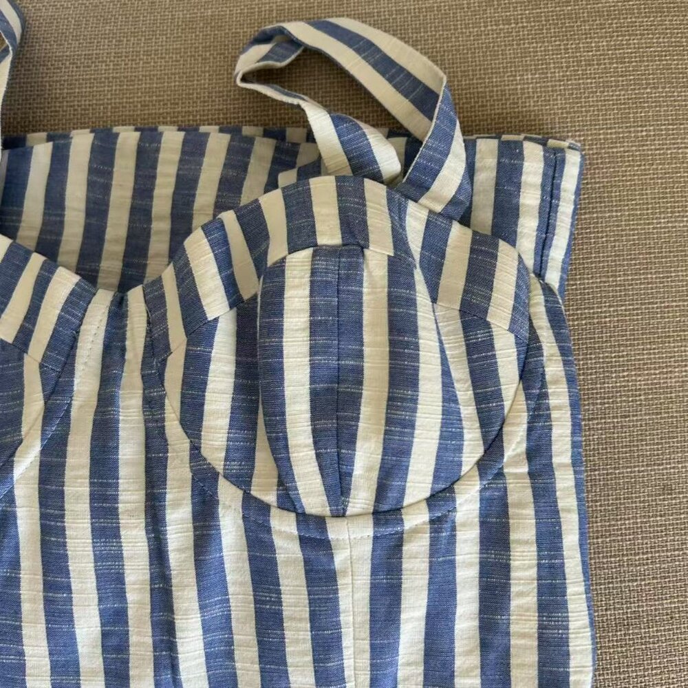 NEW Cara Cara Calypso Midi Dress Sz6 Ivory Blue Striped Seersucker Vacation - Picture 7 of 13